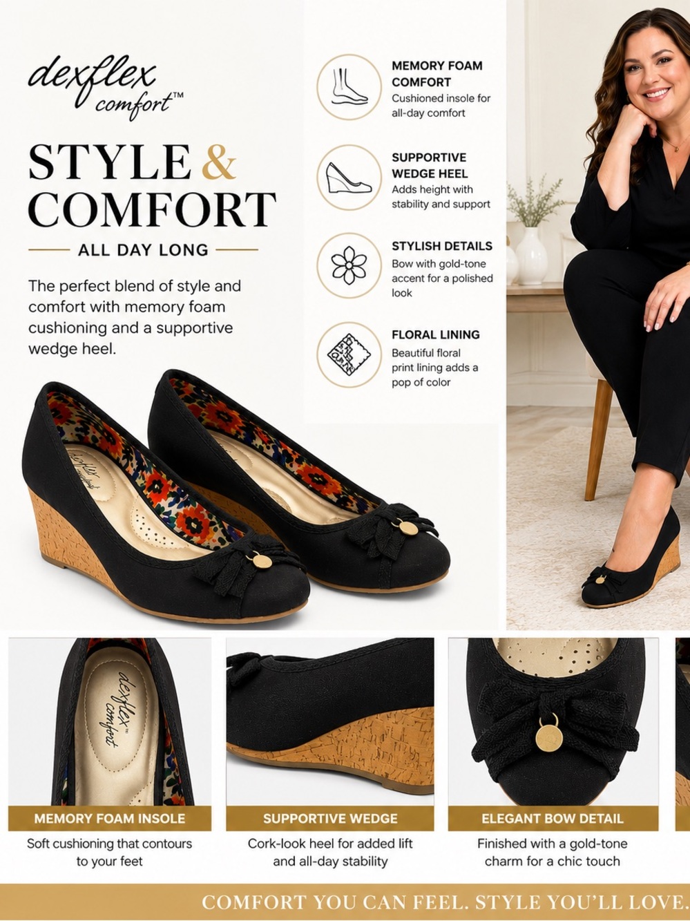 Black Wedge Comfort Flats w/ Gold Accent -